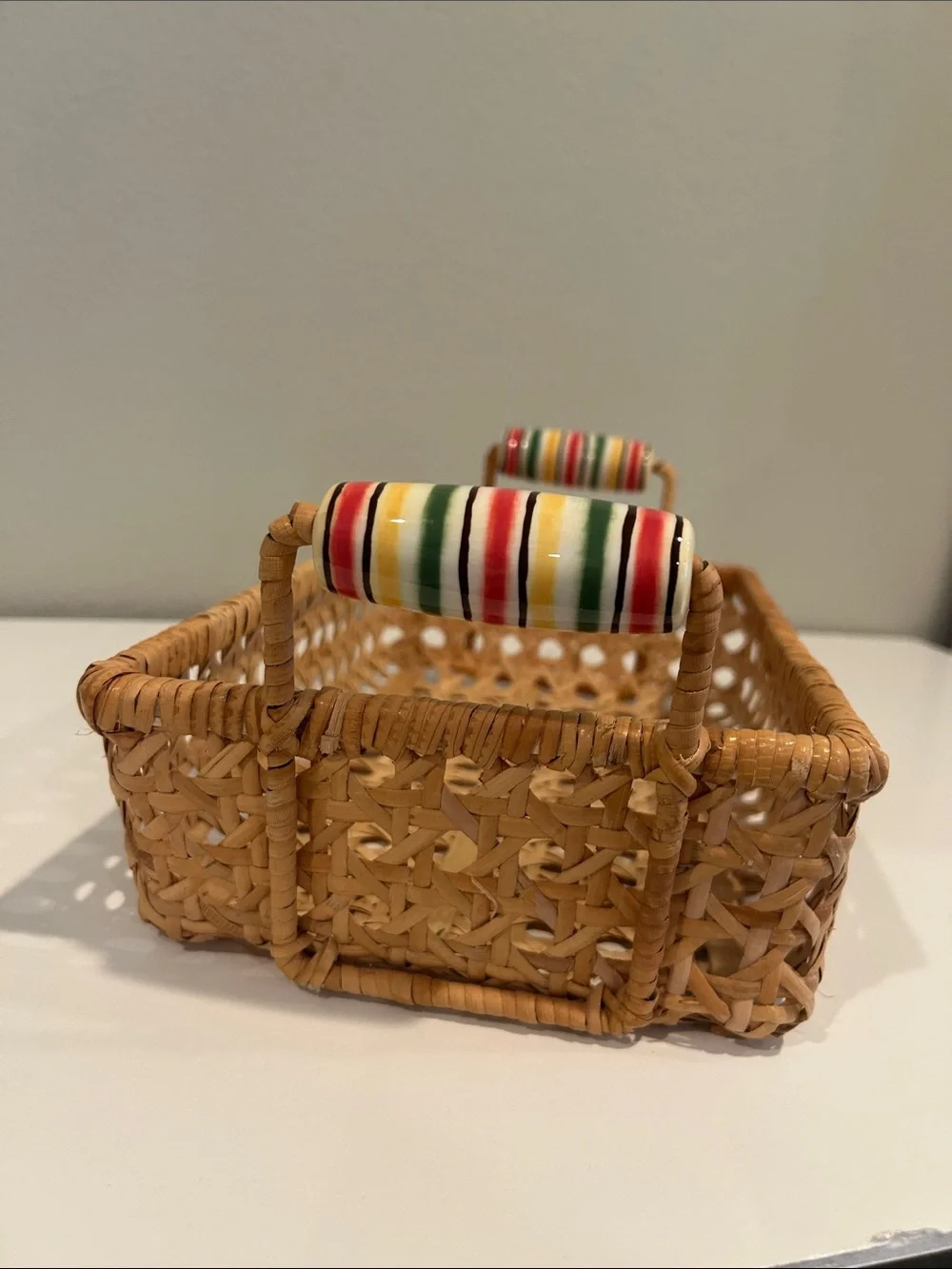 Vintage Woven Cane Serving Basket with Ceramic Handles